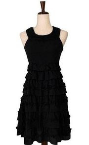 Pretty 100% Silk Little Black Dress Tiered Ruffles Sleeveless Racerback