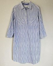 Foxcroft Dress Size 12 Popover Crinkle Shirtdress Blue White Windowpane Check