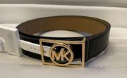Michael Kors Black Leather Belt Goldtone MK Logo Buckle NEW