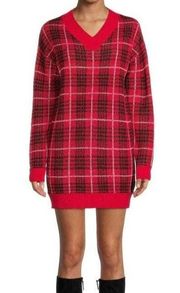 No Boundaries Juniors’ Plaid Holiday Festive V Neck Cozy Sweater Dress Size XS
