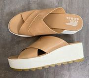 Sorel Cameron Flatform Mule Sandals Platform wedge Honest Beige Leather Size 9