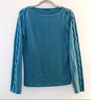 Elie Tahari Cashmere Sweater Teal Braided Sleeve Boat Neck GUC Sz S (?) See Dsx