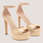 Stuart Weitzman Discoplatform Sandals Patent Leather Adobe Beige Women’s Size 9B