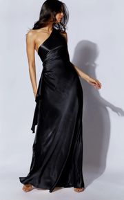 One Shoulder Black Satin Maxi Dress 
