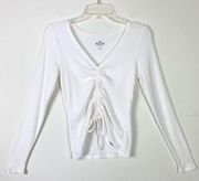 Hollister  White Ribbed Scrunch Tie Front Fitted Long Sleeve Knit Top Size L