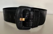 Vintage  Wide Crocodile Embossed Leather Belt in Black Size Small