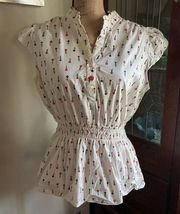 Vintage  Blouse White Floral Cap Sleeves Peplum Waist