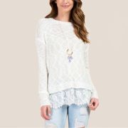 Alya Womens White Georgia Knit Long Sleeve Crew Lace Detail Sweater Femme Boho