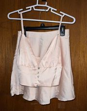 Neutral Cream Toned Satin Spaghetti Strap Top With Flowy Mini Skirt Matching Set