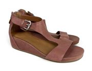 Gwendaline Mauve Pink Leather Buckle T-Strap Wedge Heel Sandals 6.5