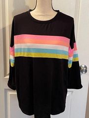 Crown & Ivy Large Mid-Sleeve Shirt. Black with colored stripes. Like new.