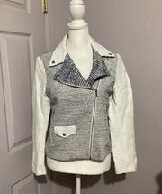 Sandro Blue And White Cotton/Linen Blend Moto Blazer Jacket 38