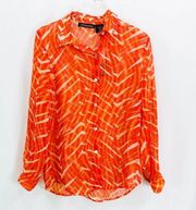 IMPRESSIONS Orange Abstract Long Sleeve Button Up Top