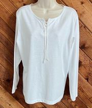 Brooks long sleeve lace up scoop neck pullover blouse top stretchy cotton white