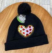 Pugs Gear Reversible Sequins Heart Pom Pom Knit Beanie Hat Black