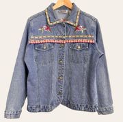 Bill Blass Vintage Jean Jacket Embellished Ribbon Embroidery Y2K Girlie Roses Sm