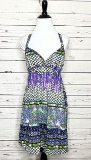 Purple & Blue Multicolor Crochet Back Boho Casual Mini Sun Dress Size Medium