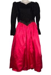 Vintage Jessica McClintock Long Sleeve Gown Black Velvet Bodice Red Full Skirt