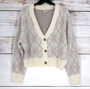 SO Long Sleeve Button Cropped Cardigan Sweater Light Pink Gray Plaid Medium NWT