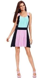 Color Block Sleeveless Pleated Dress Blue Purple Ladies Size 12