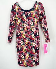 Betsy Johnson Floral Printed Scuba Dress Size 2 Long Sleeve Scoop Neck