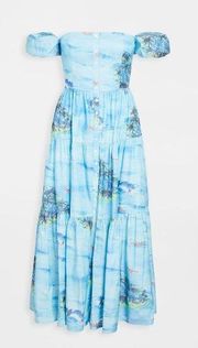 NWT Staud Elio in Blue Island Off Shoulder Button Front Tiered Midi Dress 6 $285