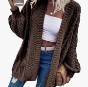 Oversized Open Front Cable Knit Lantern Sleeve Chunky Cardigan