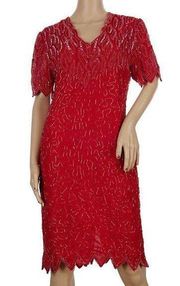 Vintage Laurence Kazar 100% Silk Red Beaded Sequin Dress Women's Small