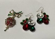 Festive Christmas Holiday Earrings And A Brooch Pin Lot Of 2 Items