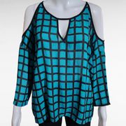 TCEC Teal Black Windowpane Cold Shoulder Cutout Blouse Size Large