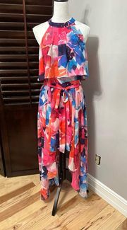 Womens Tiered Dress Multicolor Floral Maxi Halter High Low Belted 12 New