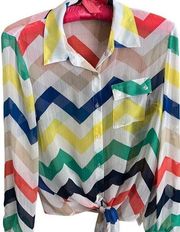 Zac and Rachel sheer tie front multicolored chevron pattern blouse size small