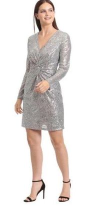 Maggy London silver gunmetal sequin long sleeves ruched party cocktail dress 8