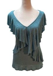 Aqua Short Sleeve V-Neck Ruffle Overlay Blouse Size Medium