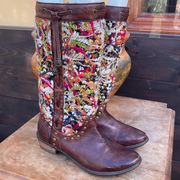 Spring Step tall boot tapestry dark brown rivets low heal pul on size 7 size 7.5