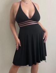 Vintage Y2K 90s Black Pink Halter V Neck Backless Flowy Skater Mini Dress