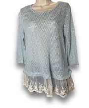 Krazy Kat Women's Lace Trim Sweater Tunic 3/4 Sleeves Blue Pullover Size Sm #533