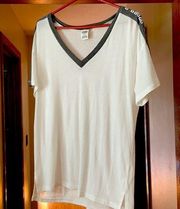 PINK - Victoria's Secret PINK Medium White  v neck short sleeve t shirt with grey PINK on sleeves