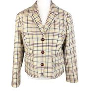 L.L. Bean Wool Tweed Blazer Striped Leather Buttons 4 Front Faux Pocket Sz 16