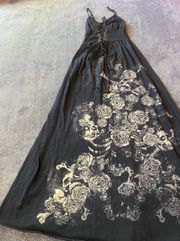 Black Skull Emo Flowers Maxi Dress ( S )