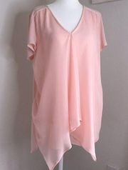 Peach blouse- V- neck symmetrical sheer hem