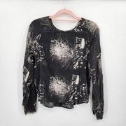 Babaton Firework Print 100% Silk Long Sleeve Women Small Holiday Blouse