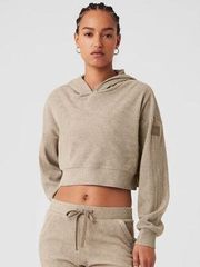 Alo Yoga Sz L Muse Ribbed Hoodie Cropped Sweatshirt Gravel Tan