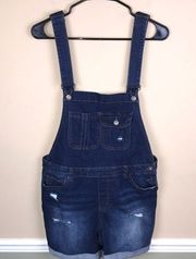 Wax Jean Women’s Distressed Foldover Hem Dark Wash Denim Shortalls