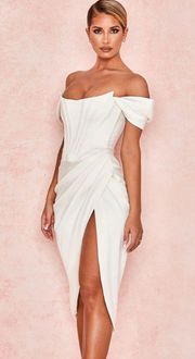 Satin Off The Shoulder Corset Side Slit Midi Formal Dress