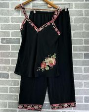 Oscar de la Renta Pink Label Black Pink Floral 2 Piece Pajama Set Size Medium