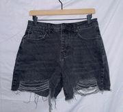 Forever 21 Black Wash Denim High Rise Distressed Dad Shorts size 28