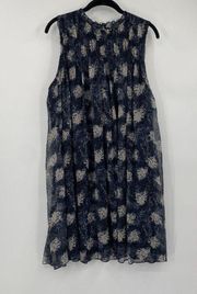 Joie Floral Print A Line Mini Dress Silky Pleated High Neck Navy NEW Womens L