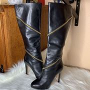 Diane Von Furstenberg Black Leather Zipper Wraparound Tall Heeled Boots Size 6.5