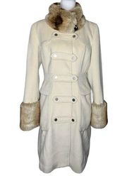 Womens Venus Wool Blend Ivory 3/4 Length Coat Faux Fur Collar and Cuffs Size 10